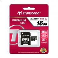 Karta pamięci microSDHC Transcend Premium 300x UHS-1 CLASS 10 16GB z odczytem do 45MB/s oraz adapter - Transcend TS16GUSDU1-16GB