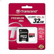 Karta pamięci microSDHC Transcend Premium 300x UHS-1 CLASS 10 32GB z odczytem do 45MB/s oraz adapter - Transcend TS32GUSDU1-32GB